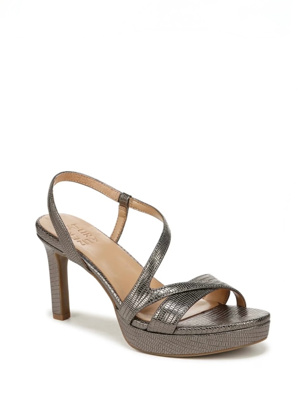 Naturalizer Abby Platform Dress Sandal Shoe Pewter Metallic Reptile Embossed 12M